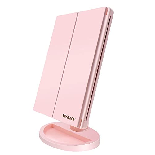 WEILY Make-up Spiegel met 21 LED Lampen, Twee Voedingsmodi, Verstelbaar Touchscreen en 1x/2x/3x Vergroting Drievoudige Vanity Spiegel, Cadeau voor Vrouwen (Roze)
