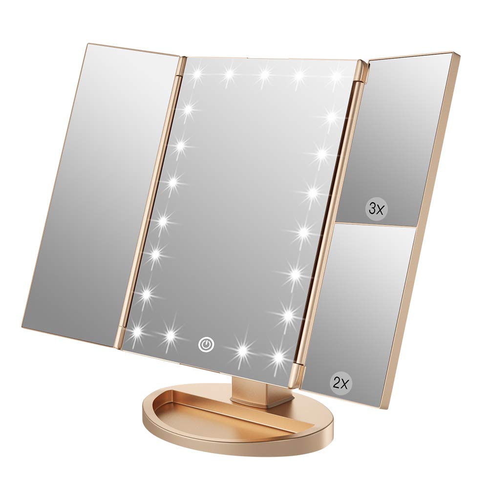 WEILY Make-up Spiegel met 21 LED Lampen, Twee Voedingsmodi, Verstelbaar Touchscreen en 1x/2x/3x Vergroting Drievoudige Vanity Spiegel, Cadeau voor Vrouwen (Roze)