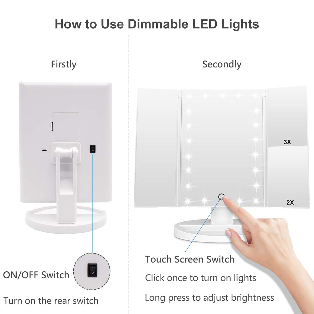 WEILY Make-up Spiegel met 21 LED Lampen, Twee Voedingsmodi, Verstelbaar Touchscreen en 1x/2x/3x Vergroting Drievoudige Vanity Spiegel, Cadeau voor Vrouwen (Roze)