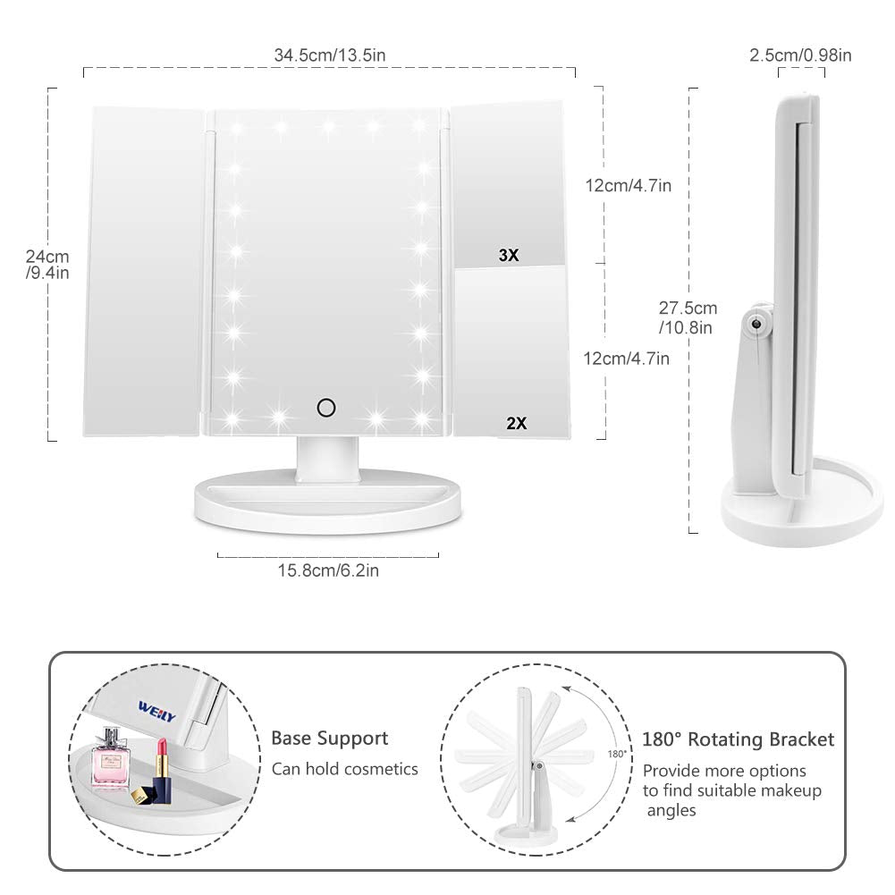 WEILY Make-up Spiegel met 21 LED Lampen, Twee Voedingsmodi, Verstelbaar Touchscreen en 1x/2x/3x Vergroting Drievoudige Vanity Spiegel, Cadeau voor Vrouwen (Roze)