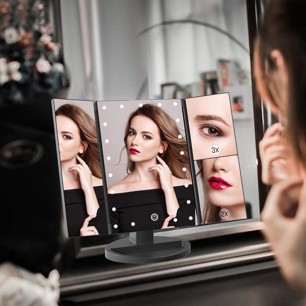 WEILY Make-up Spiegel met 21 LED Lampen, Twee Voedingsmodi, Verstelbaar Touchscreen en 1x/2x/3x Vergroting Drievoudige Vanity Spiegel, Cadeau voor Vrouwen (Roze)