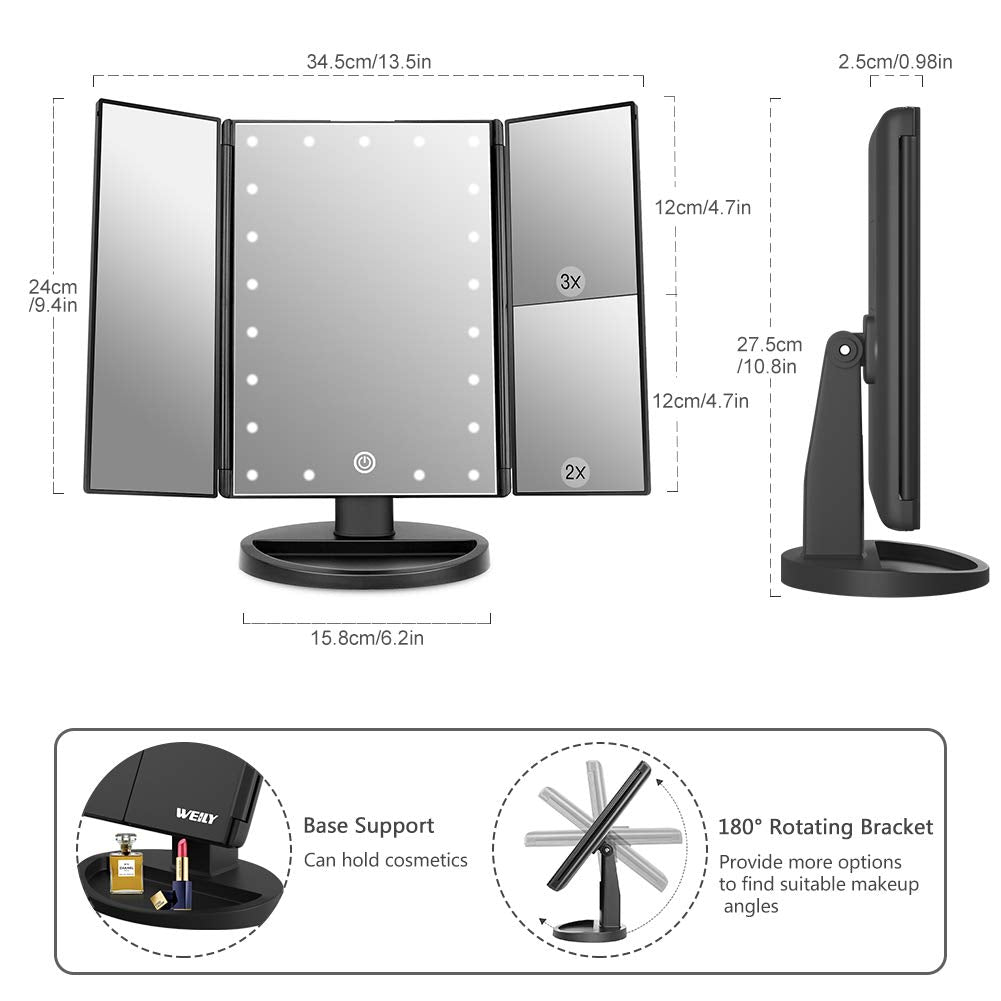 WEILY Make-up Spiegel met 21 LED Lampen, Twee Voedingsmodi, Verstelbaar Touchscreen en 1x/2x/3x Vergroting Drievoudige Vanity Spiegel, Cadeau voor Vrouwen (Roze)