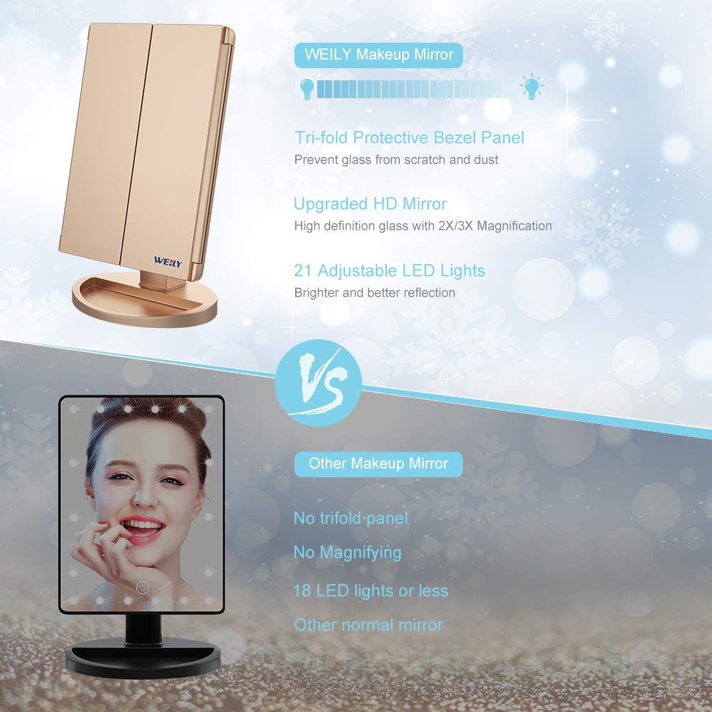 WEILY Make-up Spiegel met 21 LED Lampen, Twee Voedingsmodi, Verstelbaar Touchscreen en 1x/2x/3x Vergroting Drievoudige Vanity Spiegel, Cadeau voor Vrouwen (Roze)