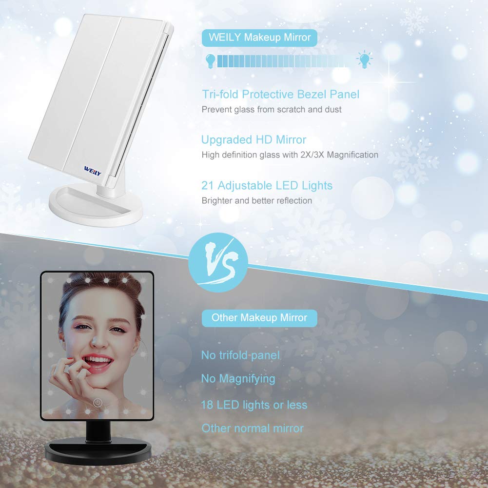 WEILY Make-up Spiegel met 21 LED Lampen, Twee Voedingsmodi, Verstelbaar Touchscreen en 1x/2x/3x Vergroting Drievoudige Vanity Spiegel, Cadeau voor Vrouwen (Roze)