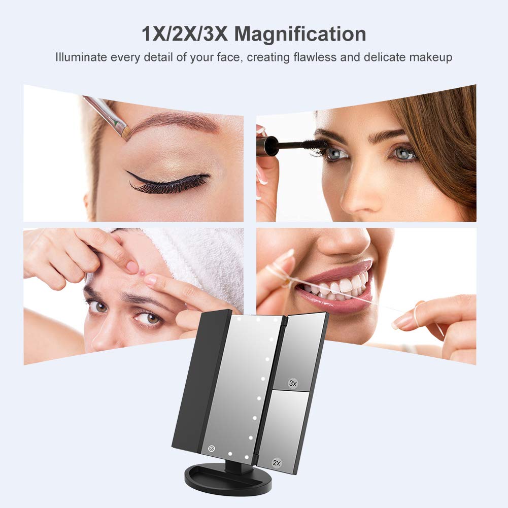WEILY Make-up Spiegel met 21 LED Lampen, Twee Voedingsmodi, Verstelbaar Touchscreen en 1x/2x/3x Vergroting Drievoudige Vanity Spiegel, Cadeau voor Vrouwen (Roze)