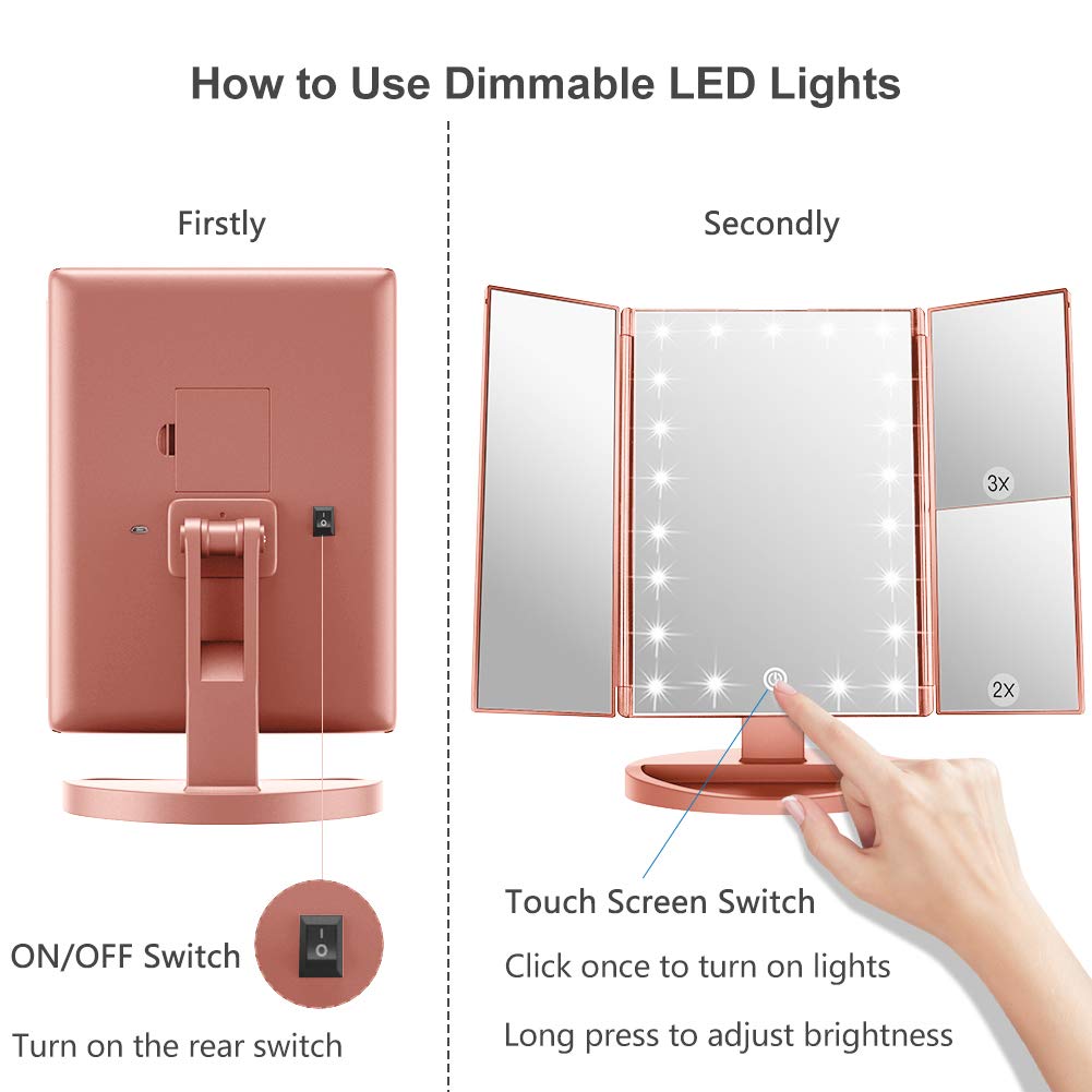 WEILY Make-up Spiegel met 21 LED Lampen, Twee Voedingsmodi, Verstelbaar Touchscreen en 1x/2x/3x Vergroting Drievoudige Vanity Spiegel, Cadeau voor Vrouwen (Roze)