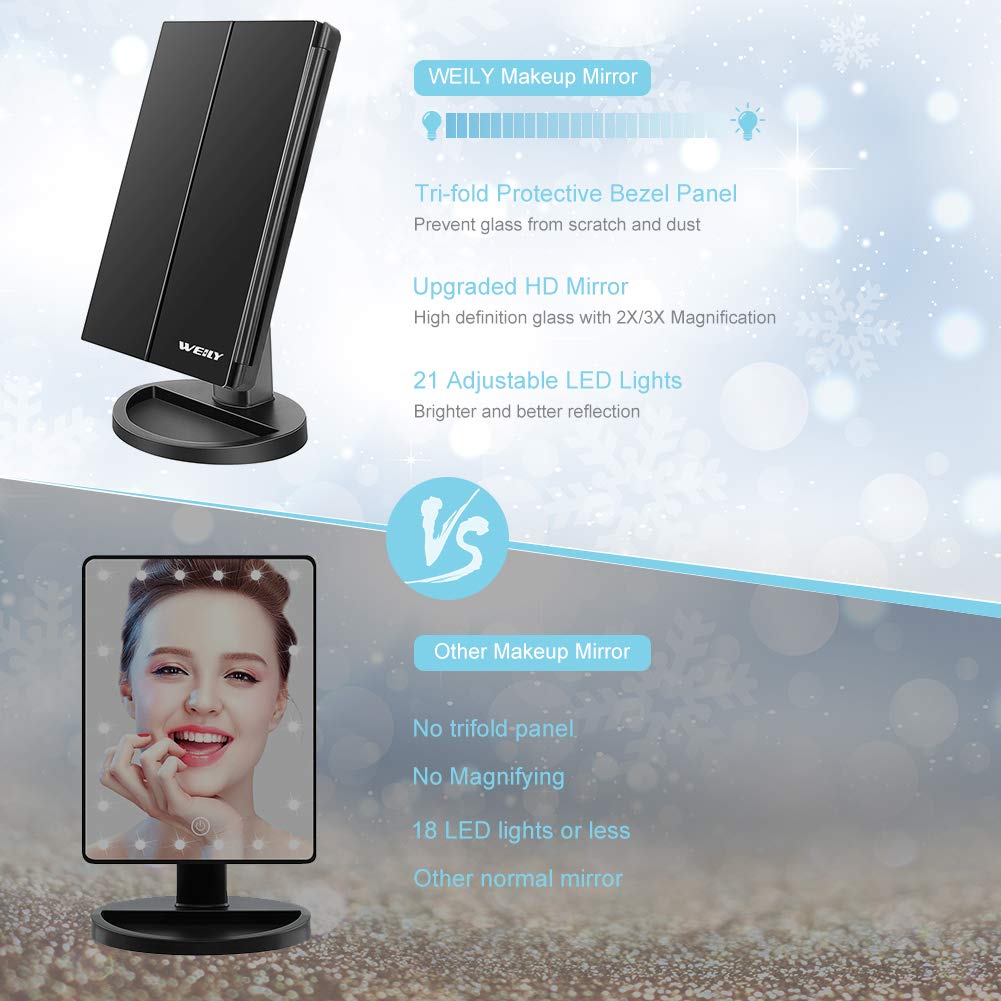 WEILY Make-up Spiegel met 21 LED Lampen, Twee Voedingsmodi, Verstelbaar Touchscreen en 1x/2x/3x Vergroting Drievoudige Vanity Spiegel, Cadeau voor Vrouwen (Roze)