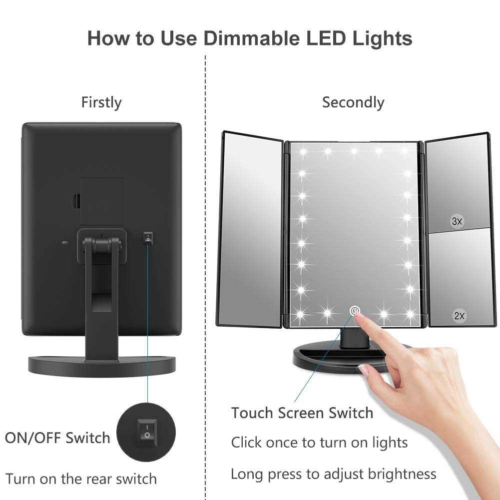 WEILY Make-up Spiegel met 21 LED Lampen, Twee Voedingsmodi, Verstelbaar Touchscreen en 1x/2x/3x Vergroting Drievoudige Vanity Spiegel, Cadeau voor Vrouwen (Roze)