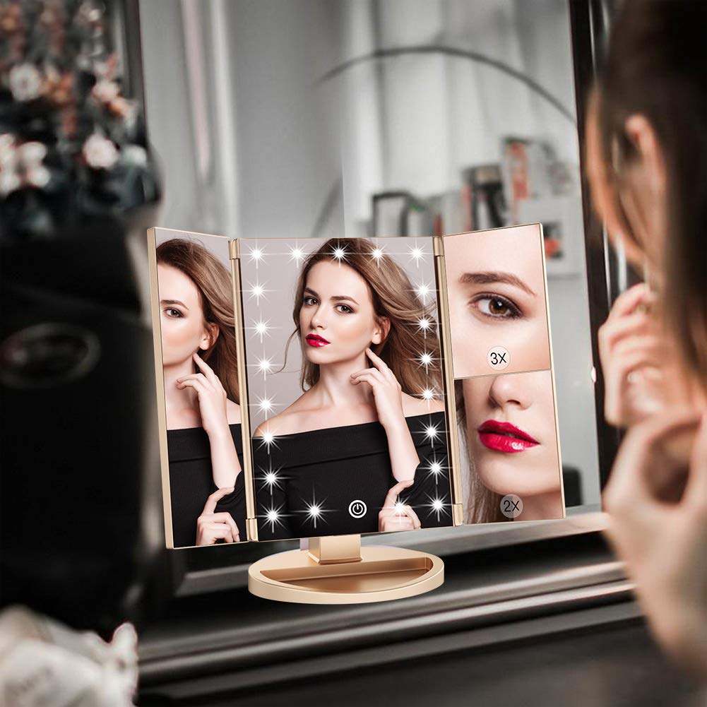 WEILY Make-up Spiegel met 21 LED Lampen, Twee Voedingsmodi, Verstelbaar Touchscreen en 1x/2x/3x Vergroting Drievoudige Vanity Spiegel, Cadeau voor Vrouwen (Roze)