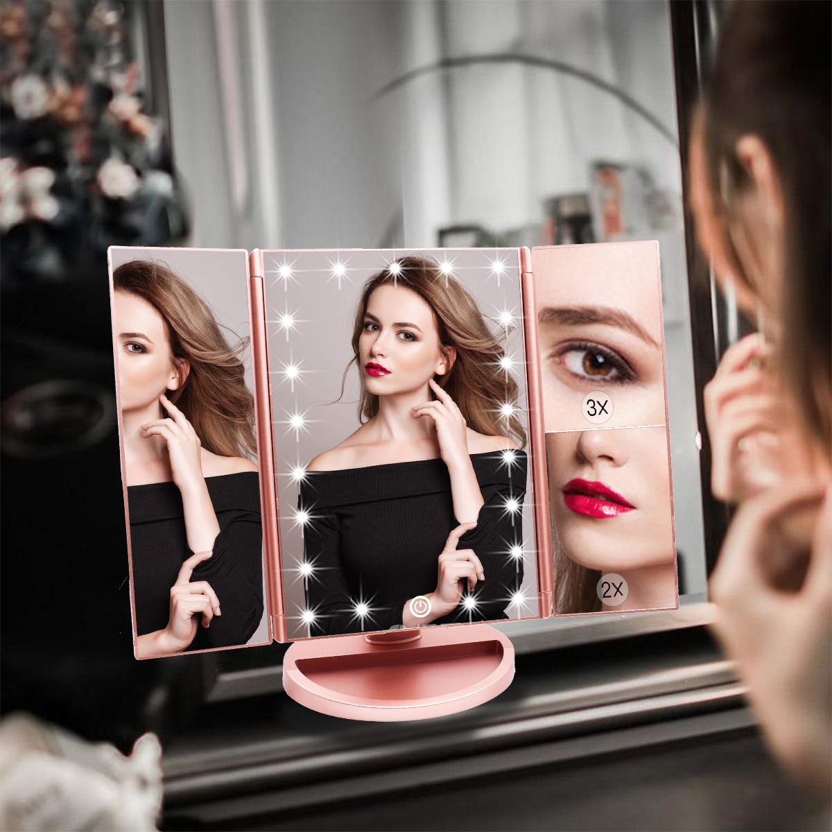WEILY Make-up Spiegel met 21 LED Lampen, Twee Voedingsmodi, Verstelbaar Touchscreen en 1x/2x/3x Vergroting Drievoudige Vanity Spiegel, Cadeau voor Vrouwen (Roze)