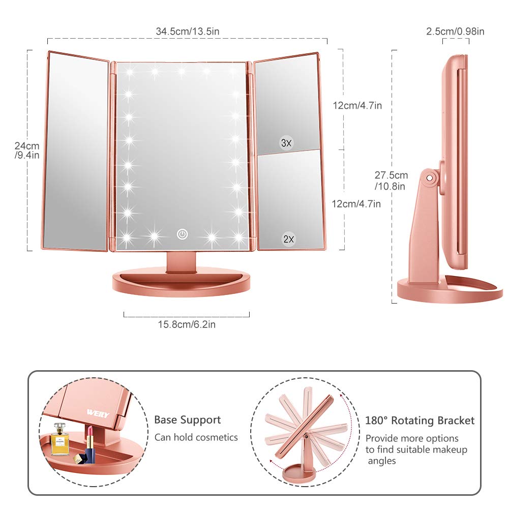 WEILY Make-up Spiegel met 21 LED Lampen, Twee Voedingsmodi, Verstelbaar Touchscreen en 1x/2x/3x Vergroting Drievoudige Vanity Spiegel, Cadeau voor Vrouwen (Roze)