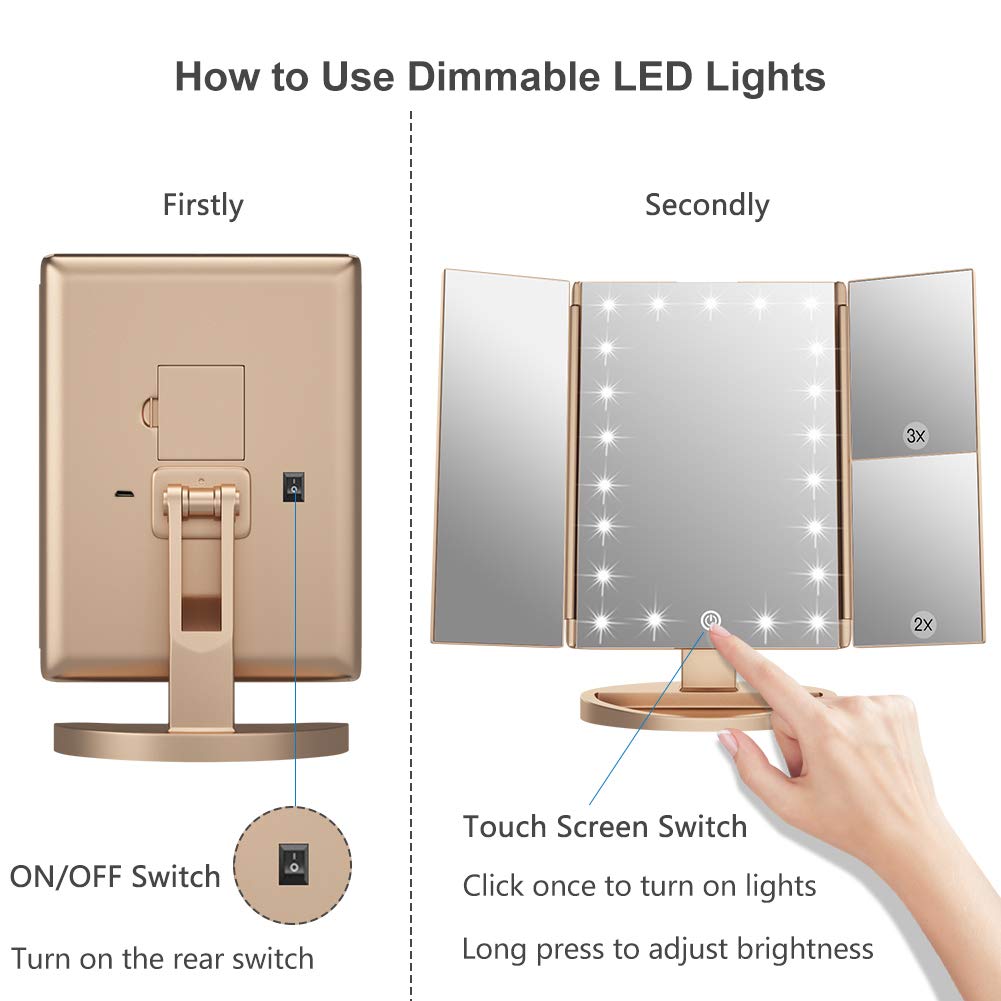 WEILY Make-up Spiegel met 21 LED Lampen, Twee Voedingsmodi, Verstelbaar Touchscreen en 1x/2x/3x Vergroting Drievoudige Vanity Spiegel, Cadeau voor Vrouwen (Roze)