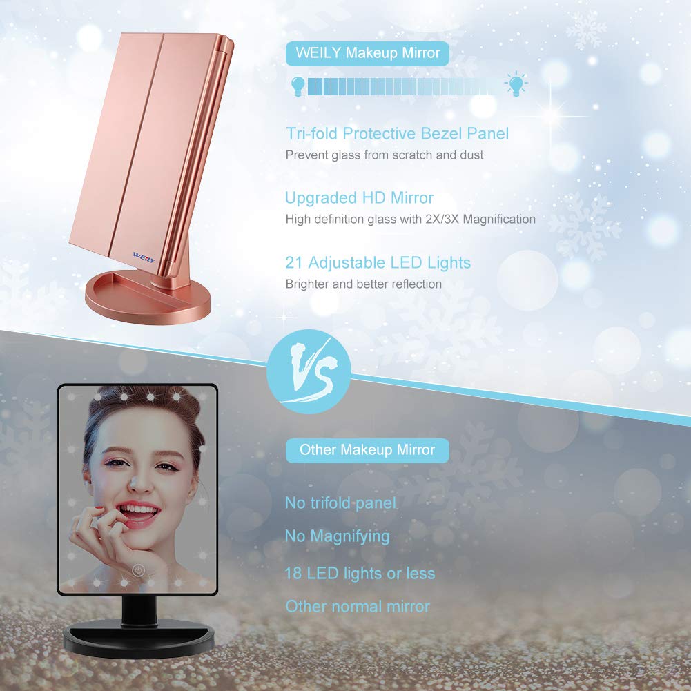 WEILY Make-up Spiegel met 21 LED Lampen, Twee Voedingsmodi, Verstelbaar Touchscreen en 1x/2x/3x Vergroting Drievoudige Vanity Spiegel, Cadeau voor Vrouwen (Roze)