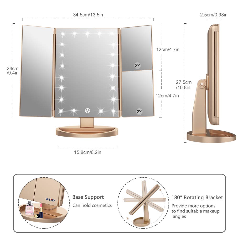 WEILY Make-up Spiegel met 21 LED Lampen, Twee Voedingsmodi, Verstelbaar Touchscreen en 1x/2x/3x Vergroting Drievoudige Vanity Spiegel, Cadeau voor Vrouwen (Roze)