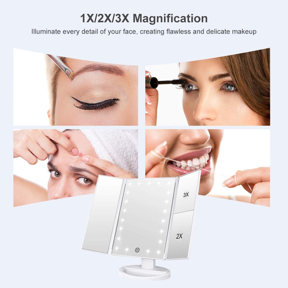 WEILY Make-up Spiegel met 21 LED Lampen, Twee Voedingsmodi, Verstelbaar Touchscreen en 1x/2x/3x Vergroting Drievoudige Vanity Spiegel, Cadeau voor Vrouwen (Roze)