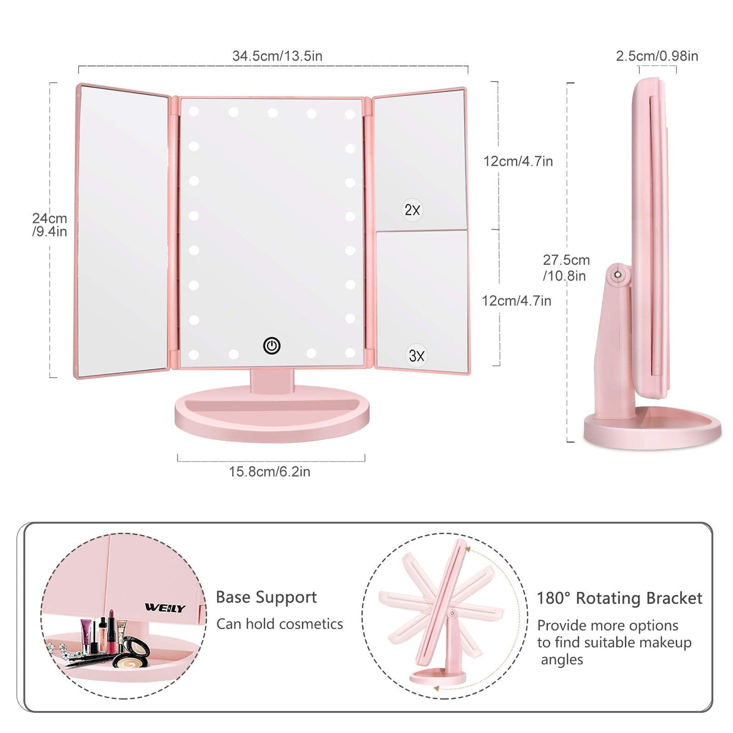WEILY Make-up Spiegel met 21 LED Lampen, Twee Voedingsmodi, Verstelbaar Touchscreen en 1x/2x/3x Vergroting Drievoudige Vanity Spiegel, Cadeau voor Vrouwen (Roze)