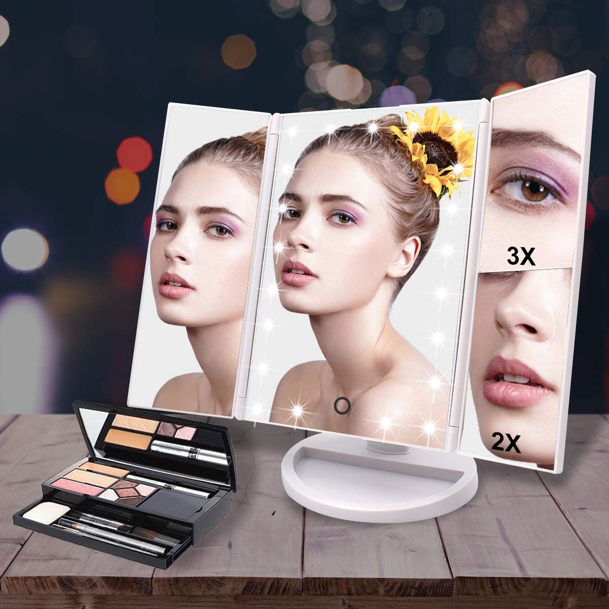 WEILY Make-up Spiegel met 21 LED Lampen, Twee Voedingsmodi, Verstelbaar Touchscreen en 1x/2x/3x Vergroting Drievoudige Vanity Spiegel, Cadeau voor Vrouwen (Roze)