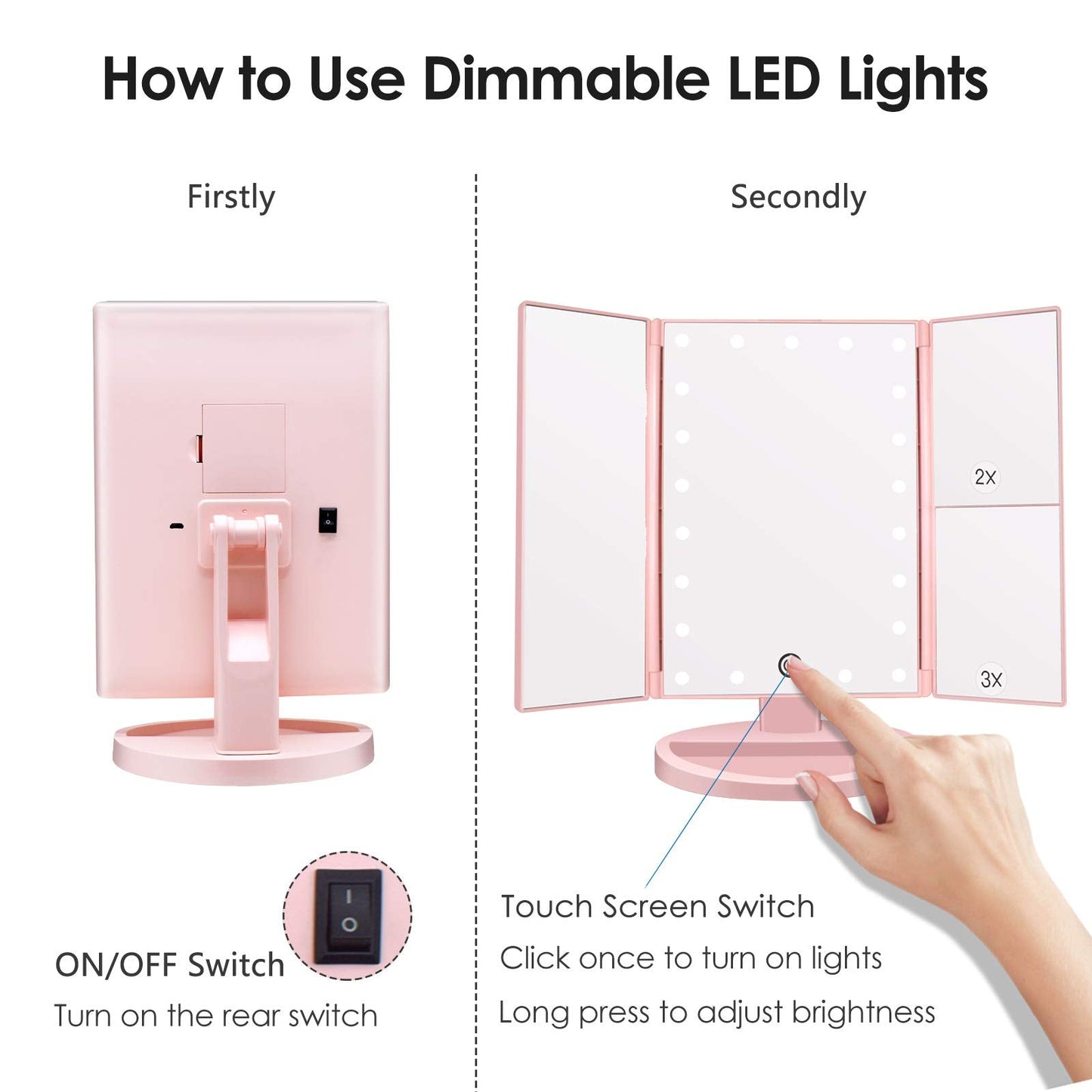 WEILY Make-up Spiegel met 21 LED Lampen, Twee Voedingsmodi, Verstelbaar Touchscreen en 1x/2x/3x Vergroting Drievoudige Vanity Spiegel, Cadeau voor Vrouwen (Roze)