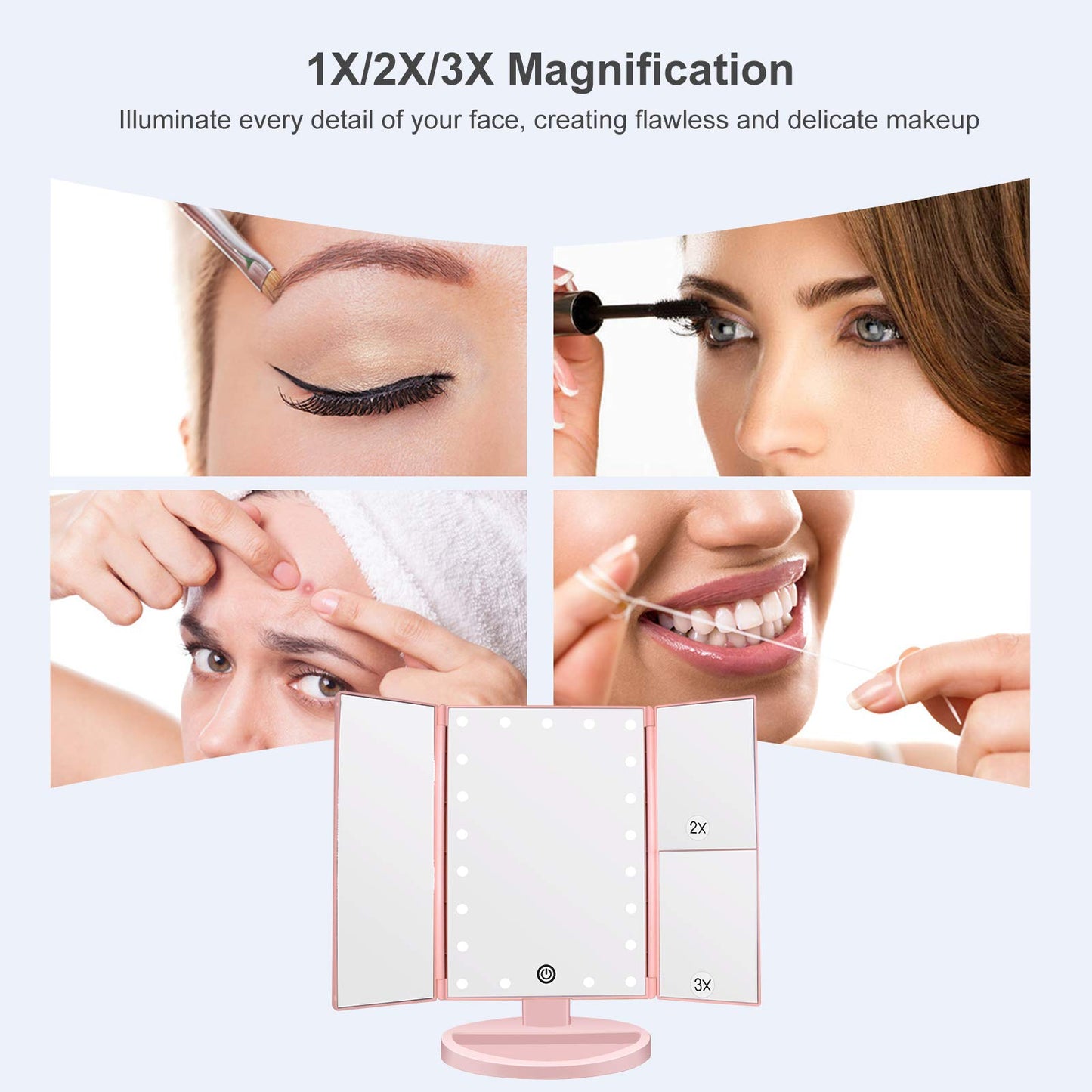 WEILY Make-up Spiegel met 21 LED Lampen, Twee Voedingsmodi, Verstelbaar Touchscreen en 1x/2x/3x Vergroting Drievoudige Vanity Spiegel, Cadeau voor Vrouwen (Roze)