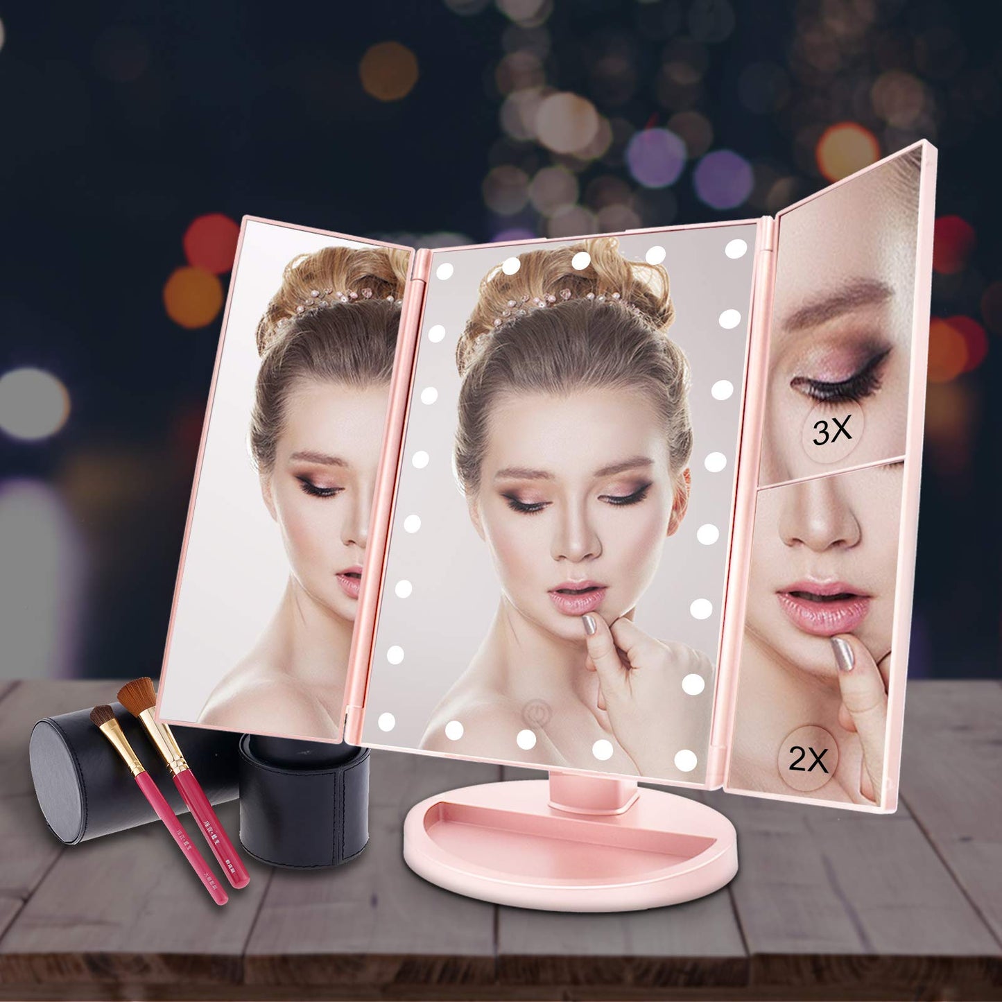 WEILY Make-up Spiegel met 21 LED Lampen, Twee Voedingsmodi, Verstelbaar Touchscreen en 1x/2x/3x Vergroting Drievoudige Vanity Spiegel, Cadeau voor Vrouwen (Roze)