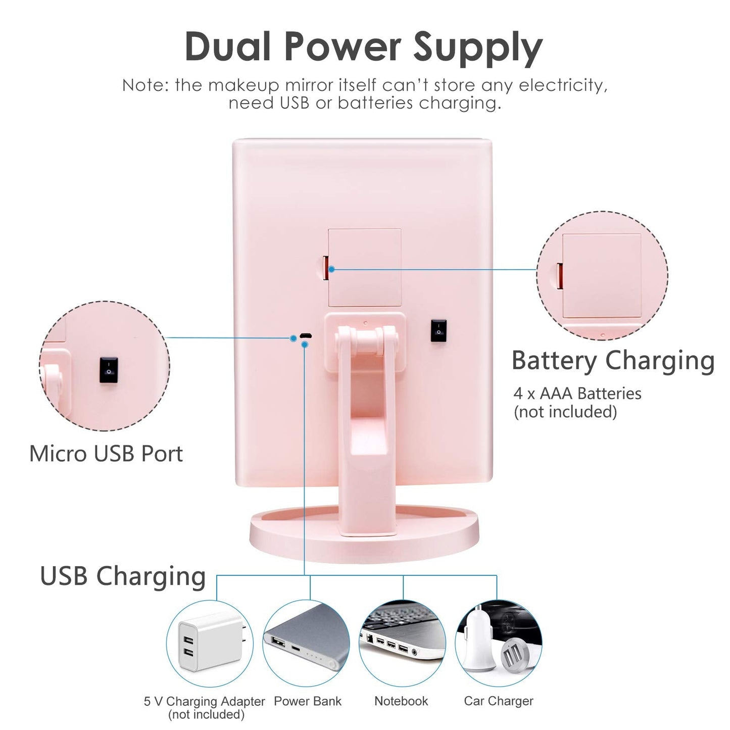 WEILY Make-up Spiegel met 21 LED Lampen, Twee Voedingsmodi, Verstelbaar Touchscreen en 1x/2x/3x Vergroting Drievoudige Vanity Spiegel, Cadeau voor Vrouwen (Roze)