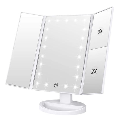 WEILY Make-up Spiegel met 21 LED Lampen, Twee Voedingsmodi, Verstelbaar Touchscreen en 1x/2x/3x Vergroting Drievoudige Vanity Spiegel, Cadeau voor Vrouwen (Roze)