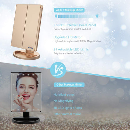 WEILY Make-up Spiegel met 21 LED Lampen, Twee Voedingsmodi, Verstelbaar Touchscreen en 1x/2x/3x Vergroting Drievoudige Vanity Spiegel, Cadeau voor Vrouwen (Roze)