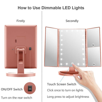 WEILY Make-up Spiegel met 21 LED Lampen, Twee Voedingsmodi, Verstelbaar Touchscreen en 1x/2x/3x Vergroting Drievoudige Vanity Spiegel, Cadeau voor Vrouwen (Roze)
