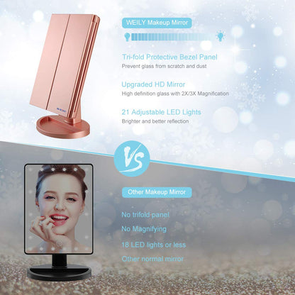 WEILY Make-up Spiegel met 21 LED Lampen, Twee Voedingsmodi, Verstelbaar Touchscreen en 1x/2x/3x Vergroting Drievoudige Vanity Spiegel, Cadeau voor Vrouwen (Roze)