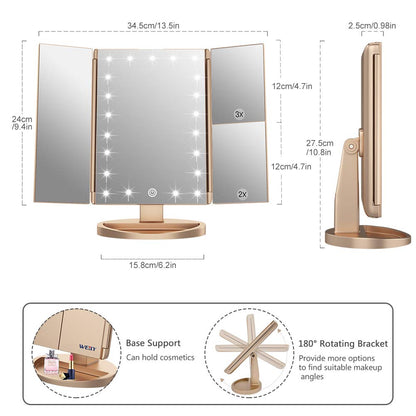 WEILY Make-up Spiegel met 21 LED Lampen, Twee Voedingsmodi, Verstelbaar Touchscreen en 1x/2x/3x Vergroting Drievoudige Vanity Spiegel, Cadeau voor Vrouwen (Roze)