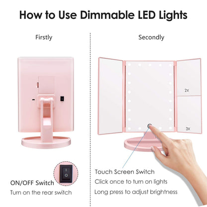 WEILY Make-up Spiegel met 21 LED Lampen, Twee Voedingsmodi, Verstelbaar Touchscreen en 1x/2x/3x Vergroting Drievoudige Vanity Spiegel, Cadeau voor Vrouwen (Roze)